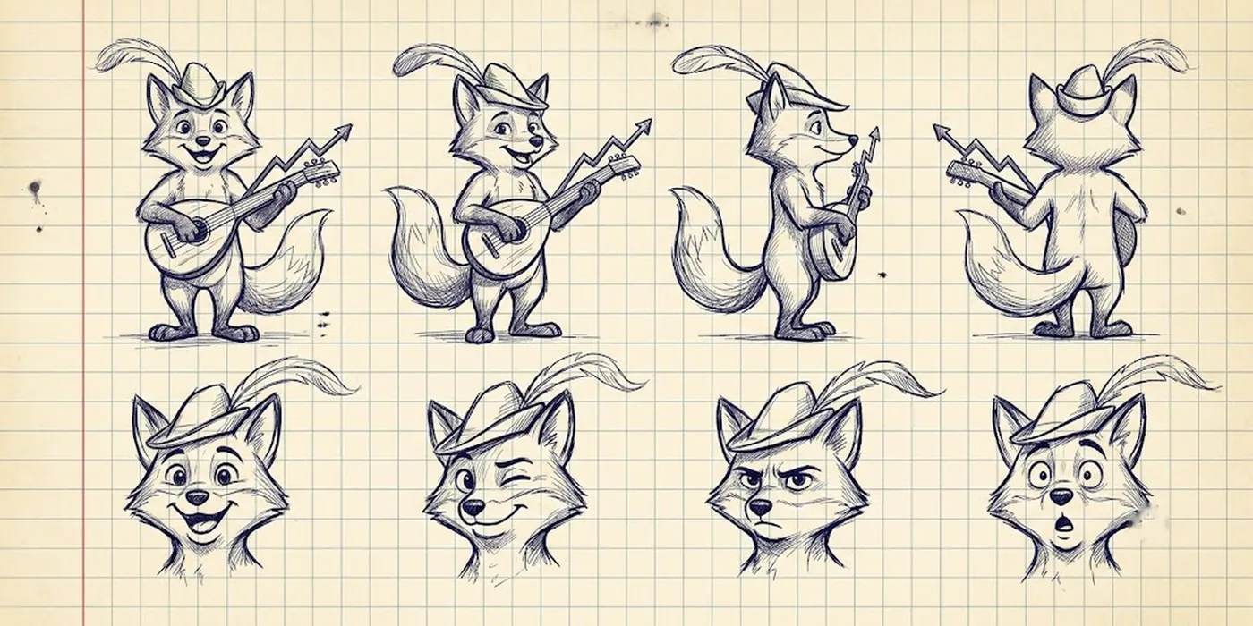 Fox mascot reference sheet: four views and four expressions